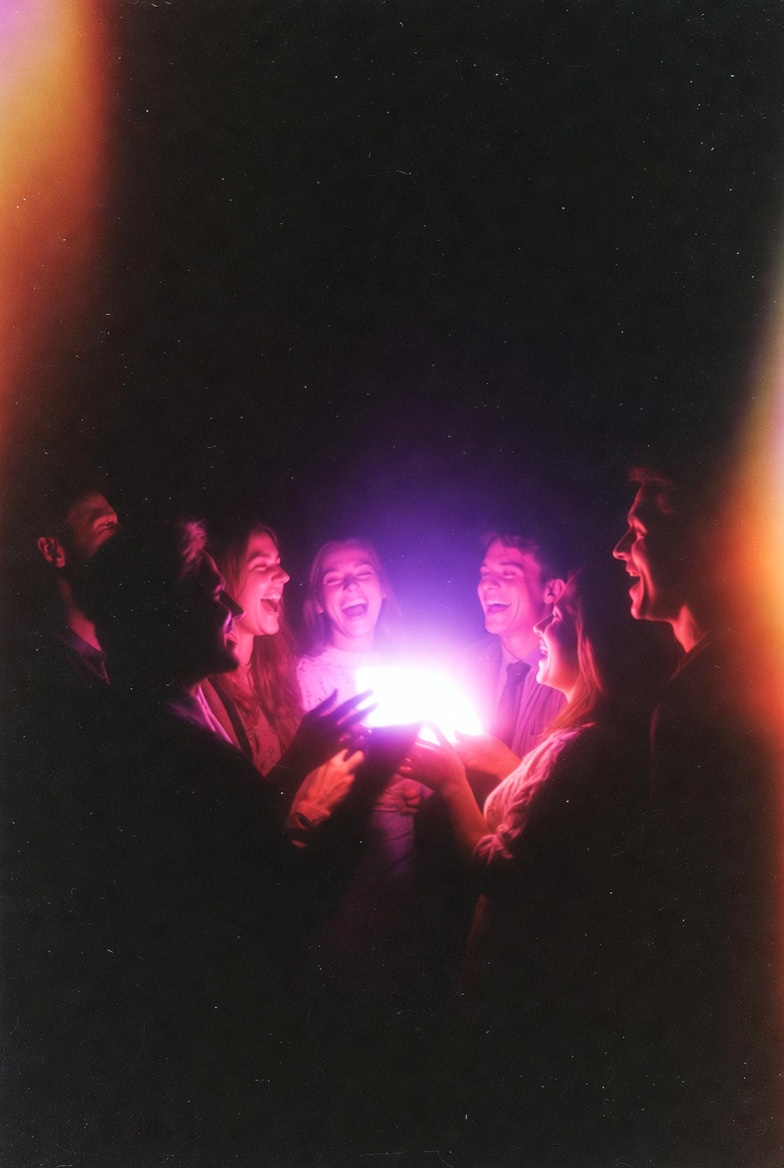Friends around a glowing phone