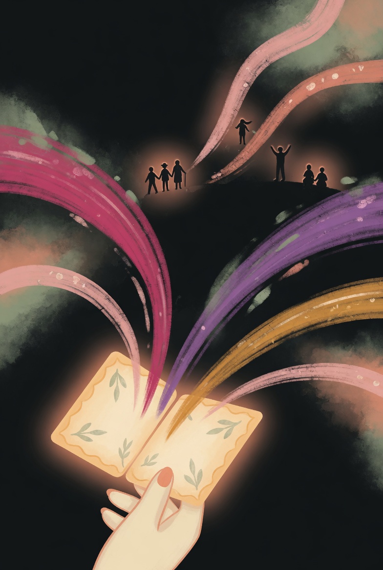 Hand holding an envelope releasing colorful ribbons toward silhouetted groups