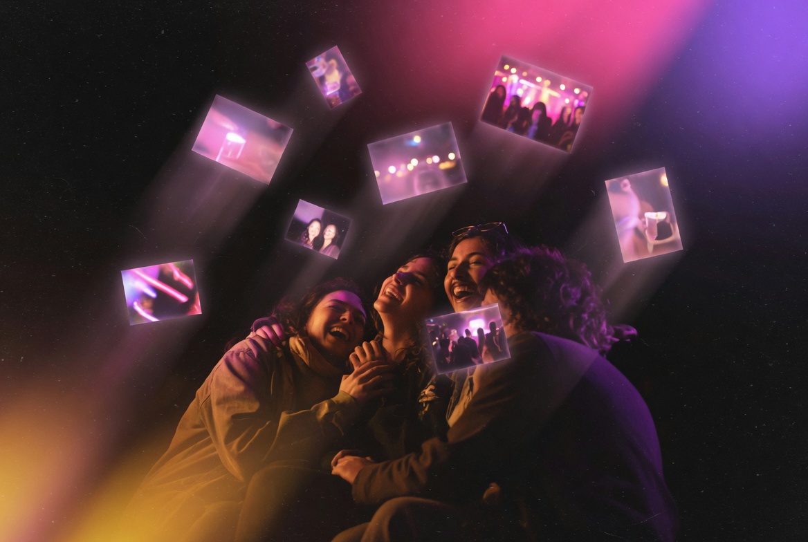 Friends surrounded by floating photos