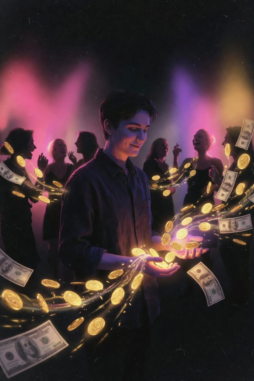Partner surrounded by floating coins and cash at a party